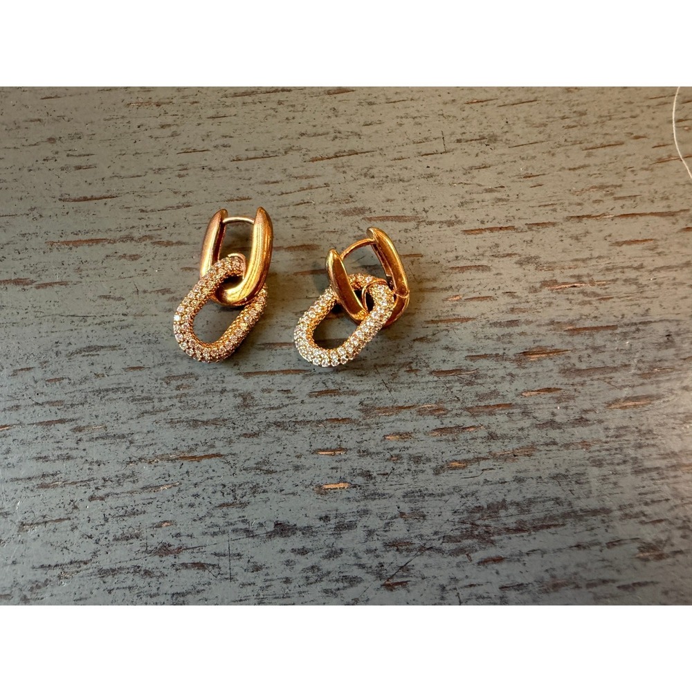 Gold Tone Pave Crystal Double Link Drop Huggie Earrings Rose Gold Finish